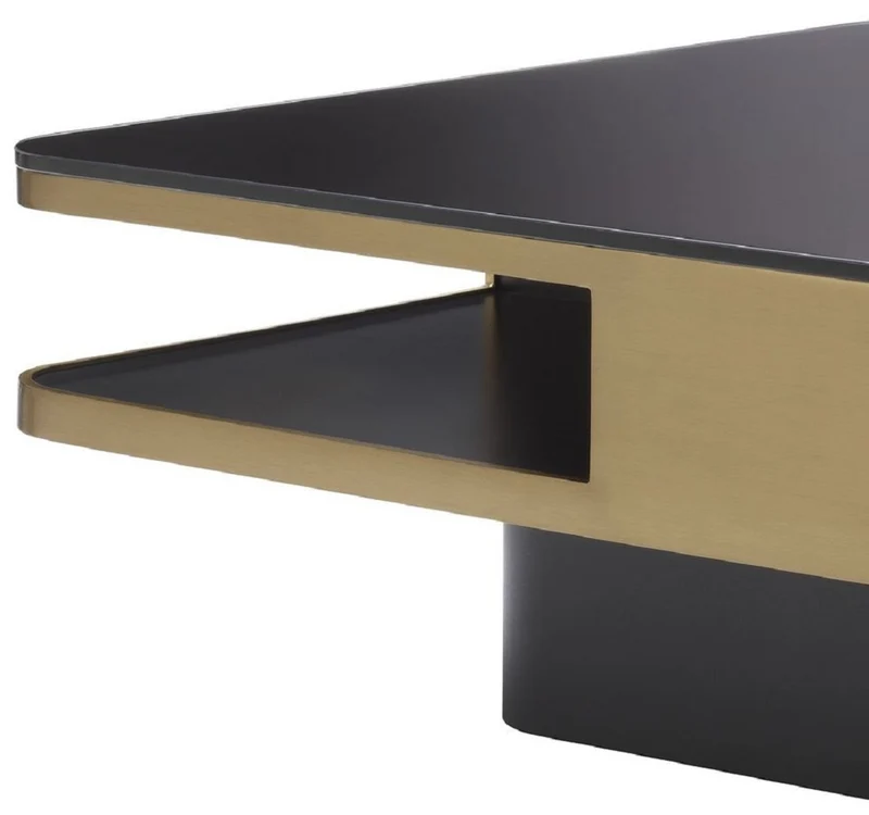 Casa Padrino Luxus Couchtisch Messingfarben / Schwarz 89,5 x 89,5 x H. 33,5 cm - Wohnzimmertisch mit Glasplatte - Wohnzimmer Möbel - Luxus Möbel