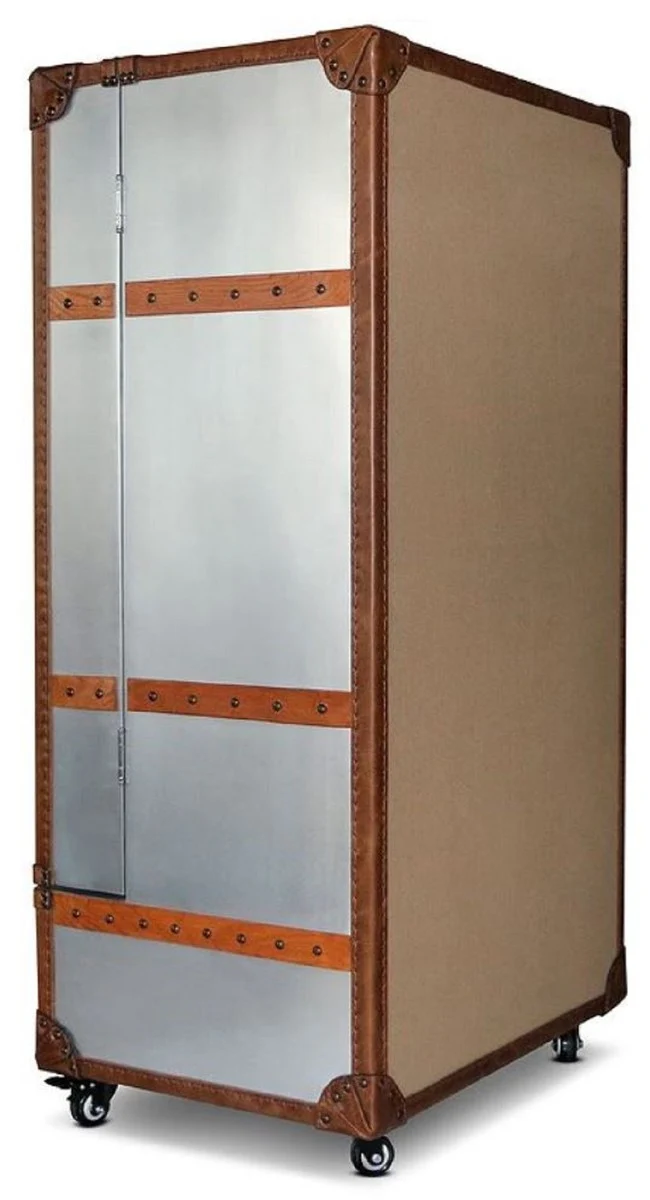 Casa Padrino Luxus Weinschrank Silber / Braun 63 x 52 x H. 130 cm - Aluminium Kofferschrank mit Echtleder - Barschrank im Koffer Design - Luxus Bar Möbel
