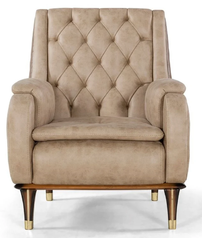 Casa Padrino Luxus Chesterfield Sessel Beige / Braun / Schwarz / Gold 75 x 88 x H. 95 cm - Moderner Wohnzimmer Sessel - Wohnzimmer Möbel
