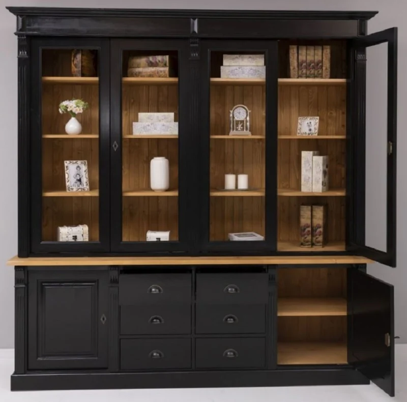 Casa Padrino Landhausstil Massivholz Schrank Schwarz / Naturfarben 223 x 51 x H. 228 cm - Bücherschrank - Regalschrank - Landhausstil Massivholz Möbel