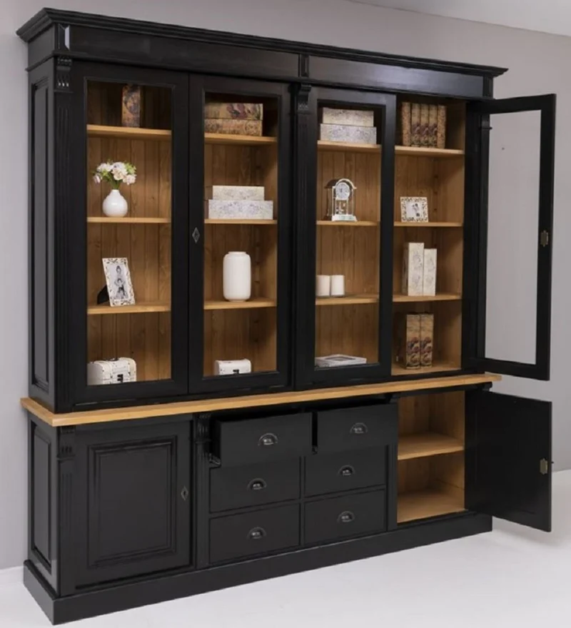 Casa Padrino Landhausstil Massivholz Schrank Schwarz / Naturfarben 223 x 51 x H. 228 cm - Bücherschrank - Regalschrank - Landhausstil Massivholz Möbel