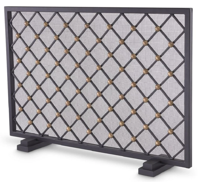 Casa Padrino Luxus Kaminschirm Schwarz / Vintage Messingfarben 84 x 15 x H. 57 cm - Funkenschutz mit Rautenmuster - Luxus Kamin Accessoires