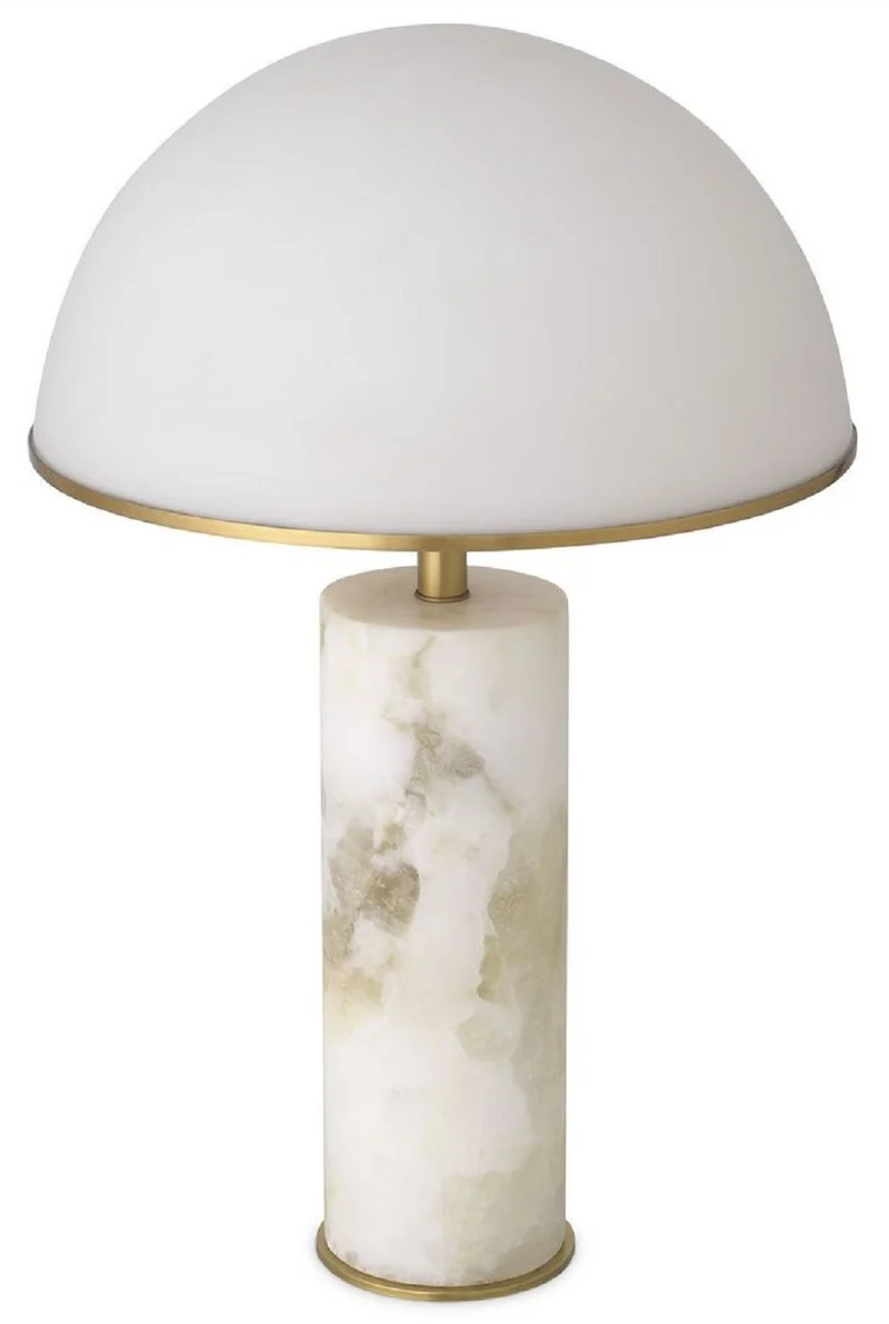 Casa Padrino Luxus Tischleuchte Alabaster / Antik Messingfarben / Weiß Ø 39,5 x H. 65 cm - Moderne Alabaster Schreibtschleuchte mit Glas Lampenschirm - Luxus Kollektion