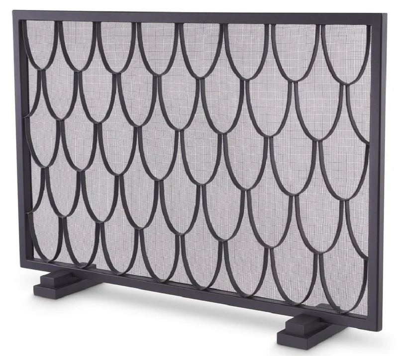 Casa Padrino Luxus Kaminschirm Schwarz 84 x 15 x H. 57 cm - Funkenschutz mit Schuppenmuster - Luxus Kamin Accessoires