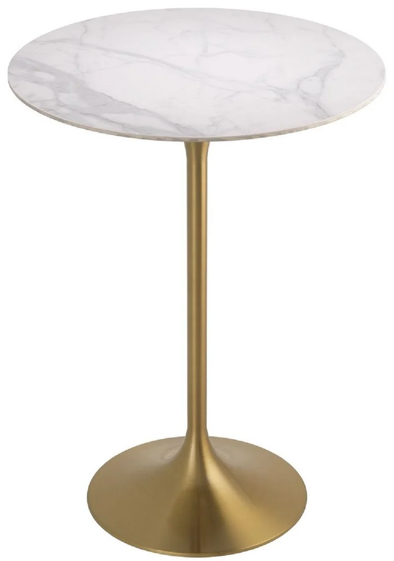 Casa Padrino Luxus Bistrotisch Weiß / Messingfarben Ø 79 x H. 106,5 cm - Moderner Stehtisch mit Marmorplatte - Runder Bartisch - Luxus Bar Möbel - Luxus Gastronomie Möbel - Luxus Qualität