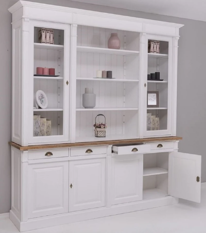 Casa Padrino Landhausstil Esszimmerschrank Weiß / Braun 223 x 51 x H. 240 cm - Massivholz Schrank - Küchenschrank - Landhausstil Esszimmer Möbel