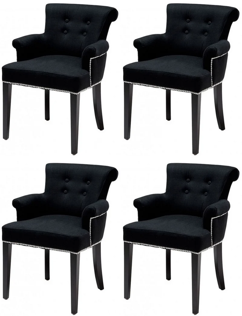 Casa Padrino Luxus Esszimmerstuhl 4er Set Schwarz - Massivholz Küchenstühle mit Armlehnen und edlem Samtstoff - Luxus Esszimmer & Restaurant Möbel