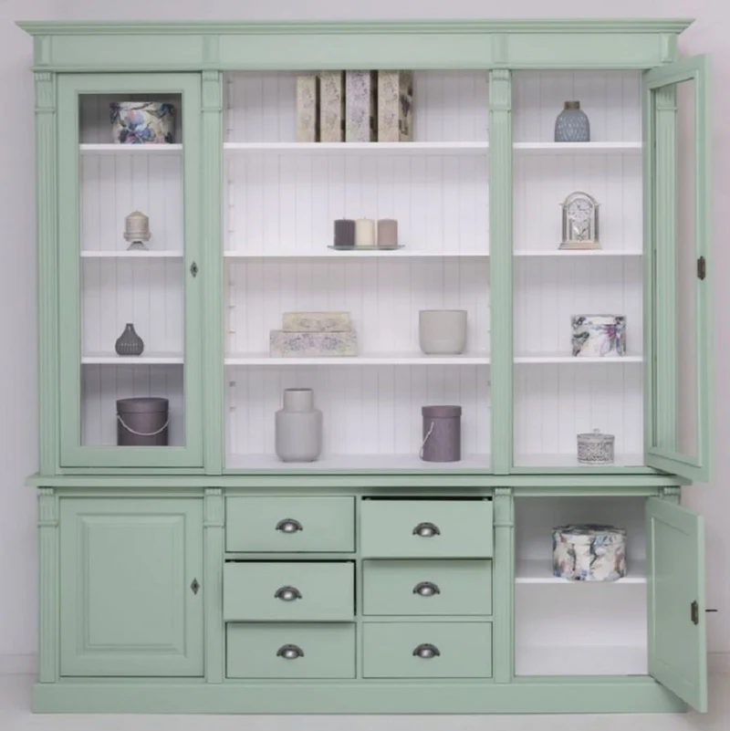 Casa Padrino Landhausstil Esszimmerschrank Hellgrün / Weiß 223 x 51 x H. 228 cm - Massivholz Schrank - Küchenschrank - Landhausstil Esszimmer Möbel