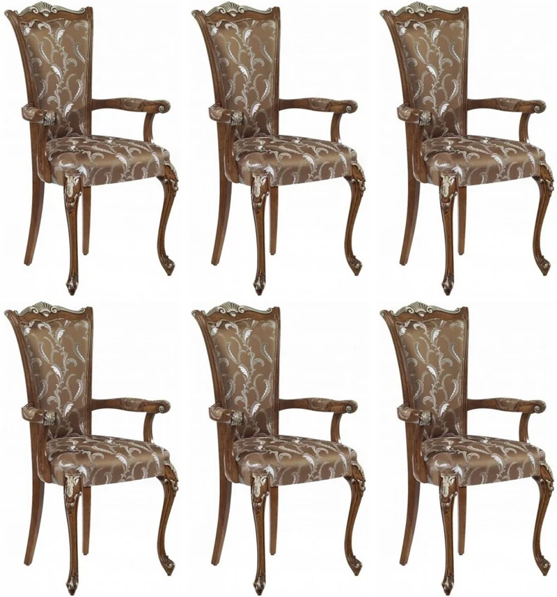 Casa Padrino Luxus Barock Esszimmerstuhl Set Braun / Weiß / Silber - Handgefertigtes Küchen Stühle 6er Set mit Armlehnen - Barock Esszimmer Möbel - Luxus Qualität - Made in Italy