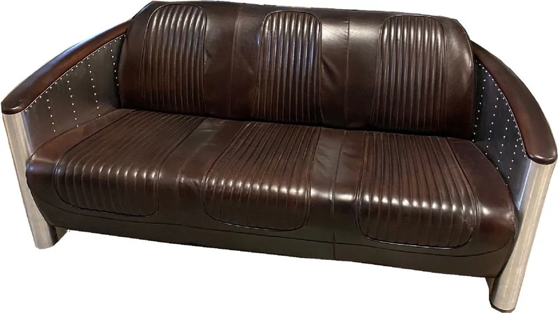 Casa Padrino Luxus Art Deco Leder Sofa 172 x 70 x H. 82 cm - Verschiedene Farben - Aluminium Wohnzimmer Sofa mit Echtleder - Aluminium Flugzeug Flieger Sofa Möbel