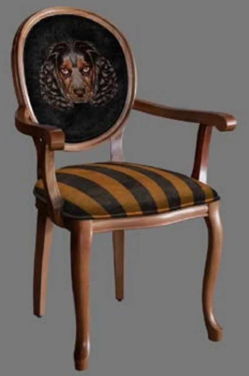 Casa Padrino Barock Esszimmerstuhl Schwarz / Gold / Braun - Handgefertigter Antik Stil Stuhl mit Armlehnen - Esszimmer Möbel im Barockstil