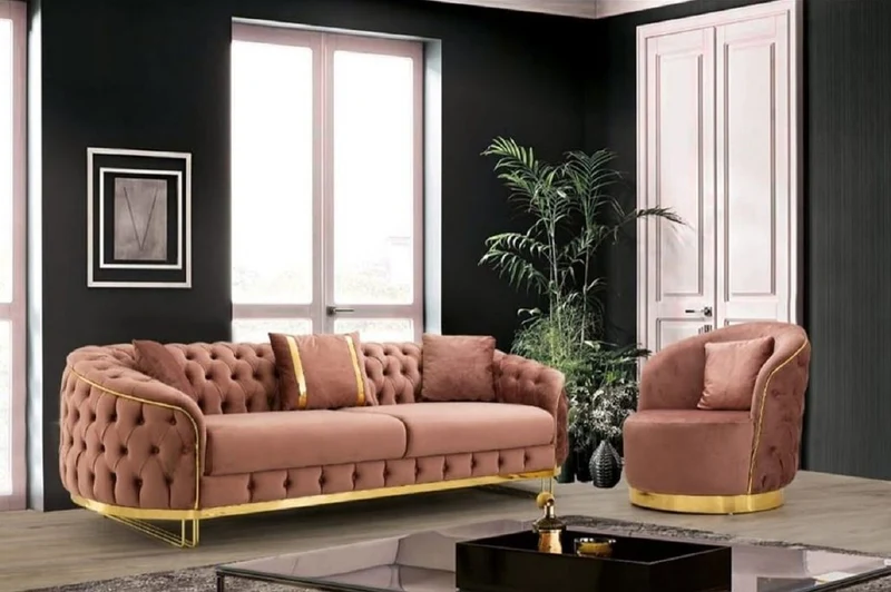 Casa Padrino Luxus Chesterfield Sessel Rosa / Gold 90 x 95 x H. 75 cm - Moderner Wohnzimmer Sessel - Chesterfield Wohnzimmer Möbel