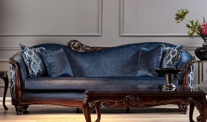 Casa Padrino Luxus Barock Sofa Blau / Dunkelbraun / Gold - Handgefertigtes Wohnzimmer Sofa im Barockstil - Barock Wohnzimmer Möbel