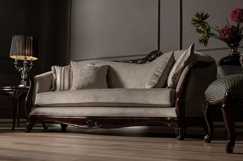 Casa Padrino Luxus Barock Sofa Beige / Dunkelbraun / Gold - Handgefertigtes Wohnzimmer Sofa im Barockstil - Barock Wohnzimmer Möbel