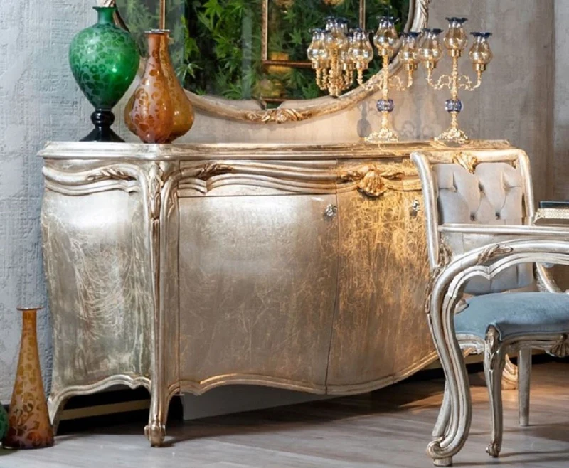 Casa Padrino Luxus Barock Sideboard Silber / Gold - Prunkvoller Massivholz Schrank - Barock Möbel - Edel & Prunkvoll