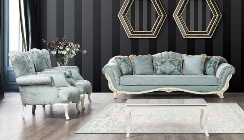 Casa Padrino Luxus Barock Wohnzimmer Set Türkis / Weiß / Gold - 2 Barock Sofas & 2 Barock Sessel & 1 Barock Couchtisch - Barock Wohnzimmer Möbel