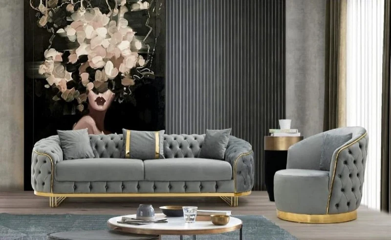 Casa Padrino Luxus Chesterfield Sofa Grau / Gold 240 x 95 x H. 72 cm - Modernes Wohnzimmer Sofa - Chesterfield Wohnzimmer Möbel