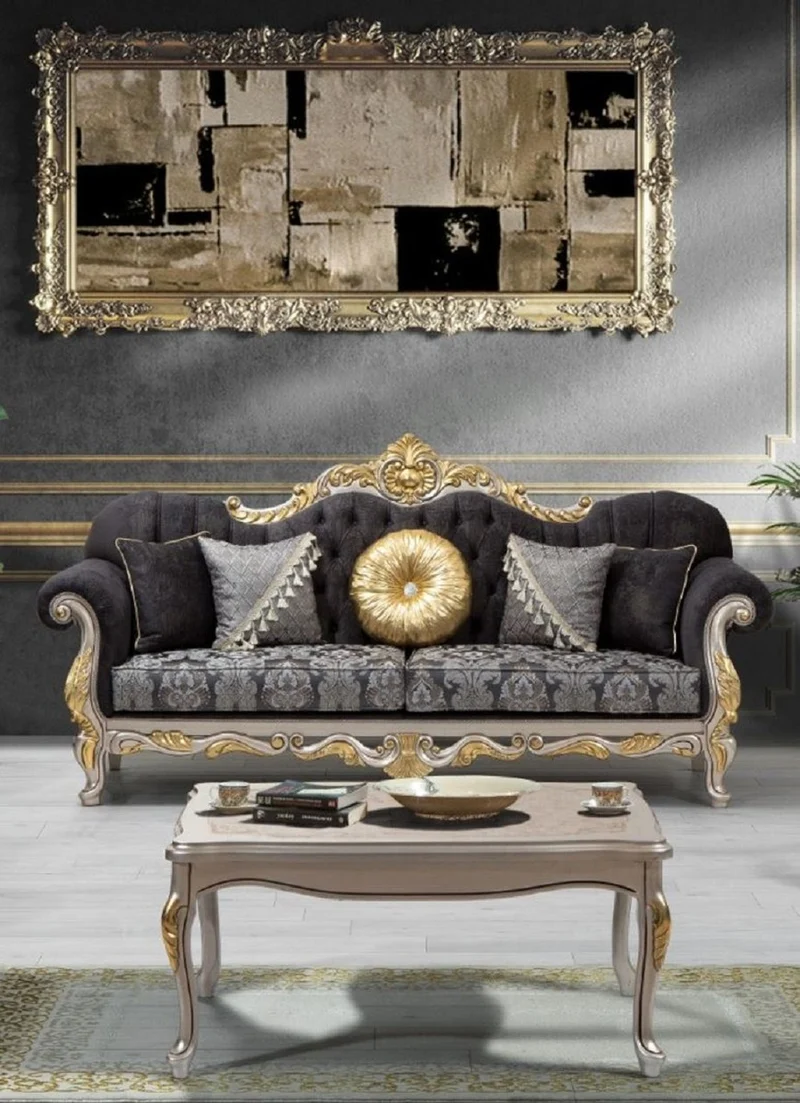 Casa Padrino Luxus Barock Wohnzimmer Set Schwarz / Silber / Gold - 2 Sofas & 2 Sessel & 1 Couchtisch - Wohnzimmer Möbel im Barockstil - Edel & Prunkvoll