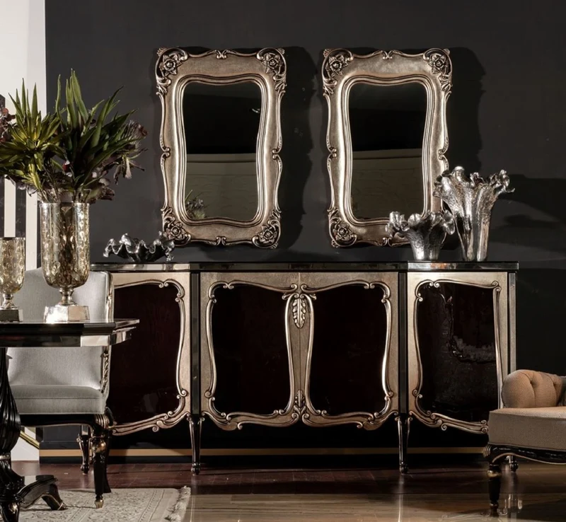 Casa Padrino Luxus Barock Möbel Set Schwarz / Silber - 1 Barock Sideboard & 2 Barock Wandspiegel - Barock Möbel - Edel & Prunkvoll