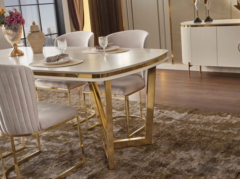 Casa Padrino Luxus Esszimmer Set Weiß / Grau / Gold - 1 Esstisch & 4 Esszimmerstühle - Moderne Esszimmer Möbel