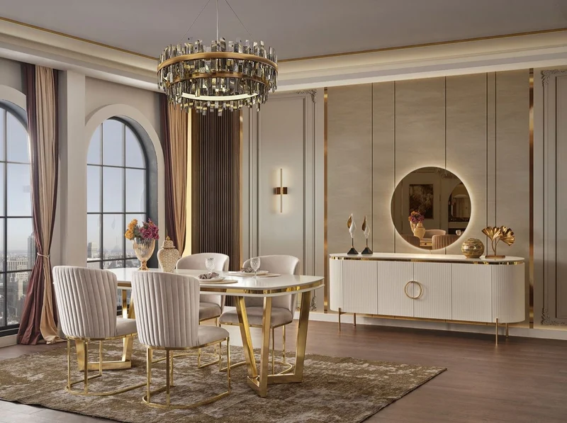 Casa Padrino Luxus Esszimmer Set Weiß / Grau / Gold - 1 Esstisch & 4 Esszimmerstühle - Moderne Esszimmer Möbel