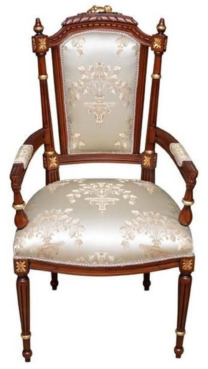 Casa Padrino Barock Esszimmerstuhl Cremefarben / Braun / Gold - Handgefertigter Antik Stil Stuhl mit Armlehnen - Esszimmer Möbel im Barockstil