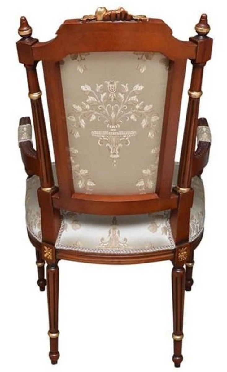 Casa Padrino Barock Esszimmerstuhl Cremefarben / Braun / Gold - Handgefertigter Antik Stil Stuhl mit Armlehnen - Esszimmer Möbel im Barockstil