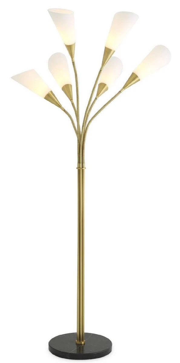 Casa Padrino Luxus Stehleuchte Antik Messingfarben / Schwarz / Weiß Ø 140 x H. 188 cm - Moderne Metall Stehleuchte mit Marmorsockel und 6 flexilblen Armen - Luxus Kollektion