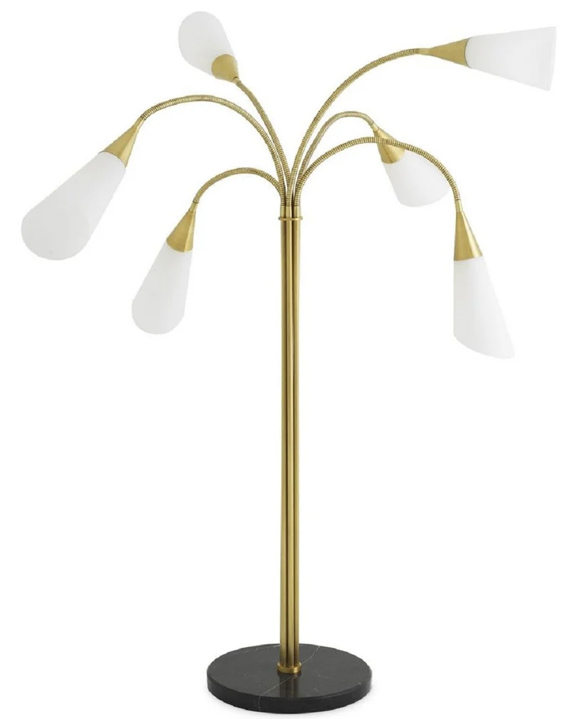 Casa Padrino Luxus Stehleuchte Antik Messingfarben / Schwarz / Weiß Ø 140 x H. 188 cm - Moderne Metall Stehleuchte mit Marmorsockel und 6 flexilblen Armen - Luxus Kollektion