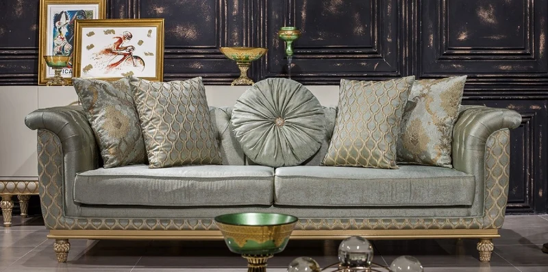 Casa Padrino Luxus Barock Sofa Türkis / Gold - Handgefertigtes Wohnzimmer Sofa im Barockstil - Barock Wohnzimmer Möbel - Edel & Prunkvoll