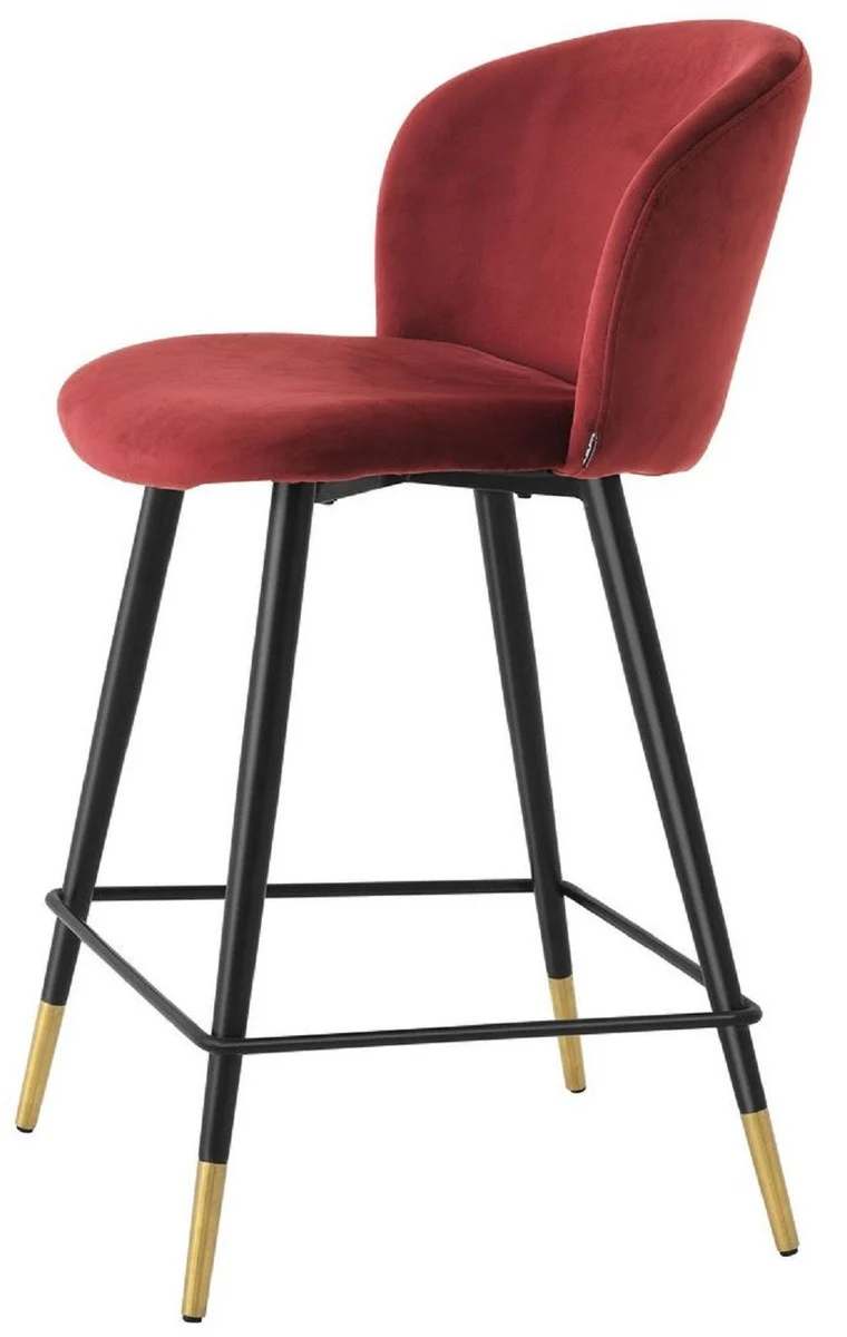 Casa Padrino Luxus Barstuhl Bordeauxrot / Schwarz / Gold 50,5 x 54 x H. 92,5 cm - Luxus Barhocker mit Rückenlehne und edlem Samstoff - Luxus Bar Möbels