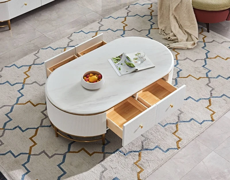 Casa Padrino Luxus Couchtisch Weiß / Messingfarben / Gold 130 x 70 x H. 42 cm - Moderner Wohnzimmertisch mit 4 Schubladen - Moderne Wohnzimmer Möbel