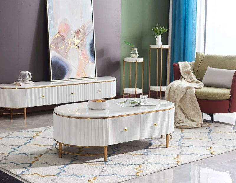 Casa Padrino Luxus Couchtisch Weiß / Messingfarben / Gold 130 x 70 x H. 42 cm - Moderner Wohnzimmertisch mit 4 Schubladen - Moderne Wohnzimmer Möbel
