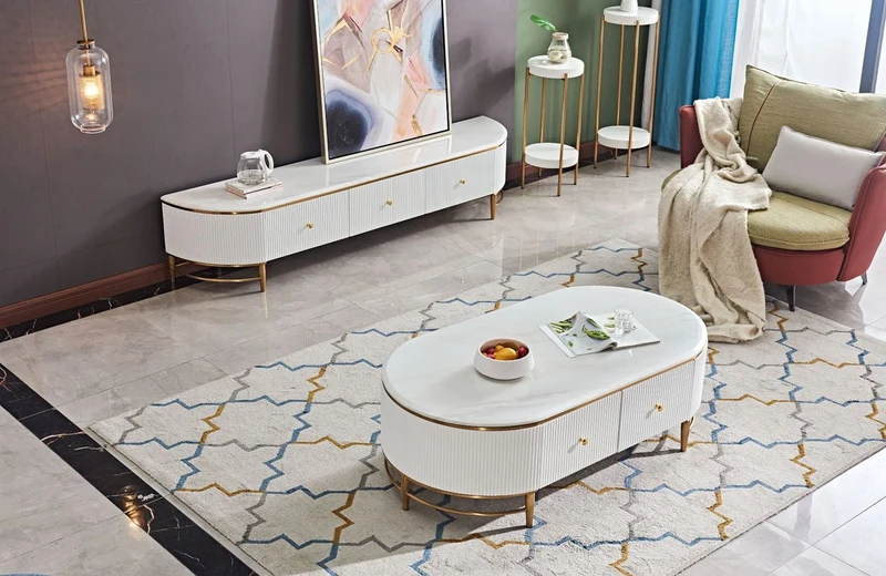 Casa Padrino Luxus Couchtisch Weiß / Messingfarben / Gold 130 x 70 x H. 42 cm - Moderner Wohnzimmertisch mit 4 Schubladen - Moderne Wohnzimmer Möbel
