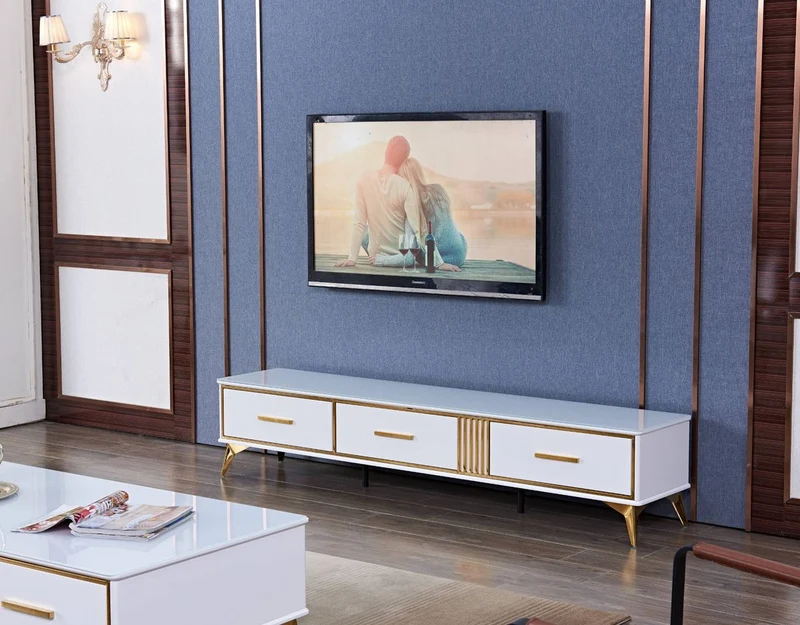 Casa Padrino Luxus TV Schrank Weiß / Gold 200 x 40 x H. 41 cm - Modernes Wohnzimmer Sideboard mit 3 Schubladen - Moderne Wohnzimmer TV Möbel