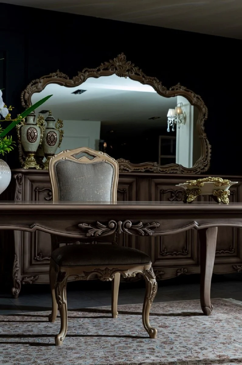 Casa Padrino Luxus Barock Esszimmer Set Braun / Grau / Naturfarben - 1 Barock Esstisch & 8 Barock Esszimmerstühle - Prunkvolle Esszimmer Möbel im Barockstil