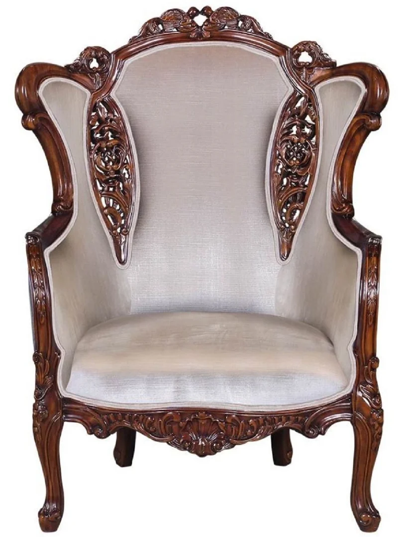 Casa Padrino Luxus Barock Ohrensessel Silber / Braun - Prunkvoller Wohnzimmer Sessel im Barockstil - Barock Möbel