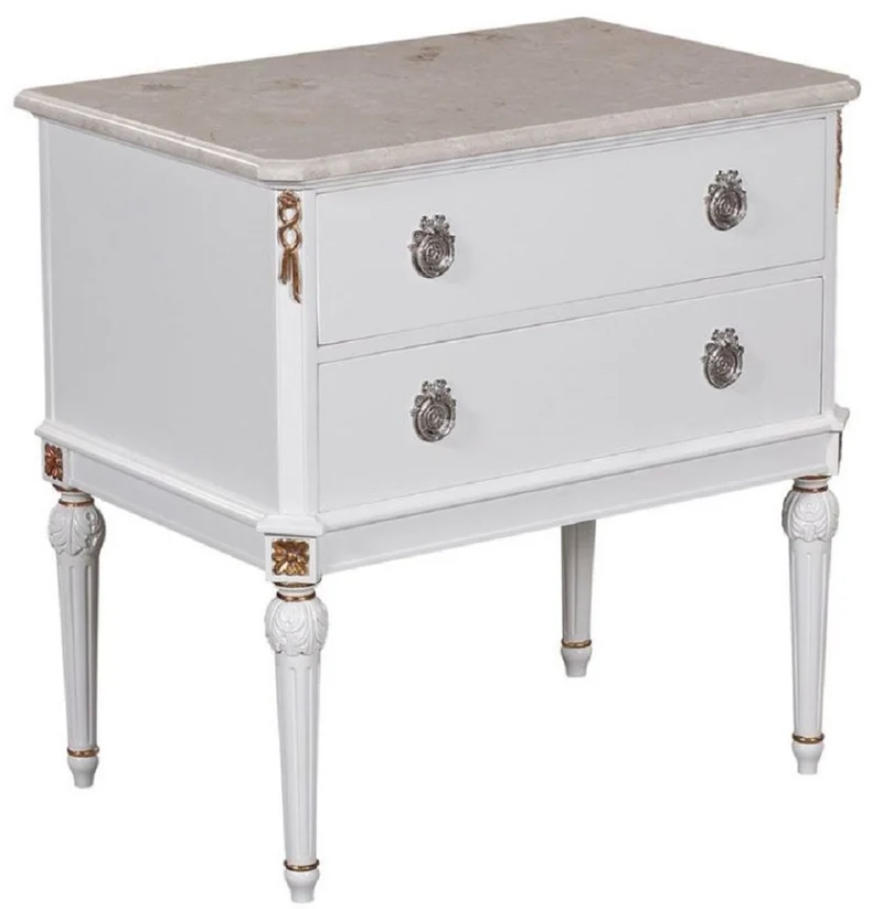 Casa Padrino Luxus Barock Nachtkommode Weiß / Cremefarben / Antik Gold / Silber - Handgefertigter Massivholz Nachttisch mit Marmorplatte - Barock Schlafzimmer Möbel