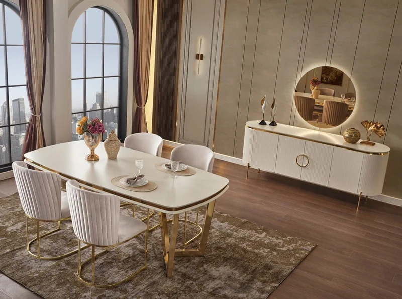Casa Padrino Luxus Sideboard Weiß / Gold 210 x 52 x H. 78 cm - Edler Massivholz Schrank mit 4 Türen - Luxus Möbel