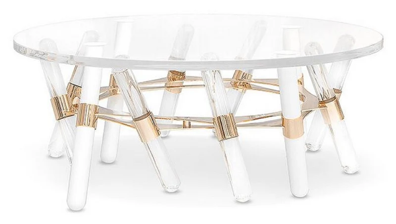 Casa Padrino Luxus Gartentisch Gold Ø 85 x H. 38,5 cm - Runder Wetterbeständiger Acryl Couchtisch - Garten Möbel - Hotel Möbel - Luxus Qualität