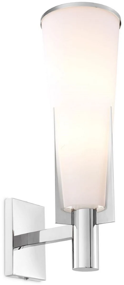 Casa Padrino Luxus Wandleuchte Silber / Weiß 13 x 19 x H. 40,5 cm - Elegante Metall Wandlampe mit Glas Lampenschirm - Luxus Leuchten