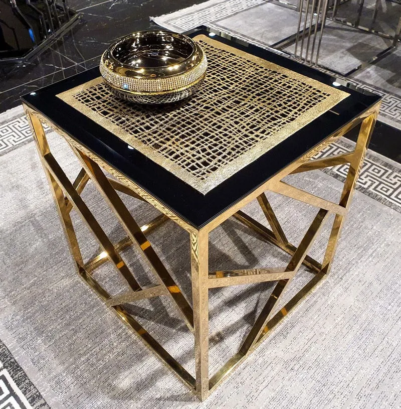 Casa Padrino Luxus Beistelltisch mit Glasplatte Gold / Schwarz 45 x 45 x H. 43 cm - Wohnzimmer Möbel - Luxus Möbel