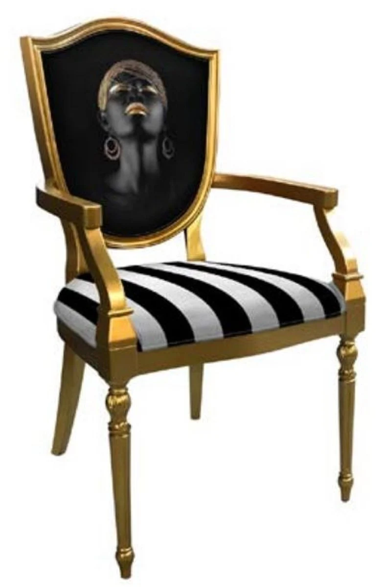 Casa Padrino Art Deco Esszimmerstuhl mit Armlehnen Schwarz / Silber / Gold - Gestreifter Massivholz Stuhl mit elegantem Design - Art Deco Esszimmer Möbel