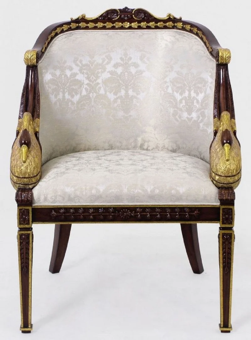 Casa Padrino Luxus Barock Sessel Silber / Cremefarben / Dunkelbraun / Gold - Handgefertigter Wohnzimmer Sessel mit elegantem Muster und dekorativen Schwänen - Barock Möbel - Edel & Prunkvoll