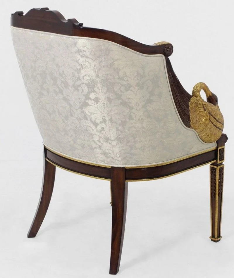 Casa Padrino Luxus Barock Sessel Silber / Cremefarben / Dunkelbraun / Gold - Handgefertigter Wohnzimmer Sessel mit elegantem Muster und dekorativen Schwänen - Barock Möbel - Edel & Prunkvoll