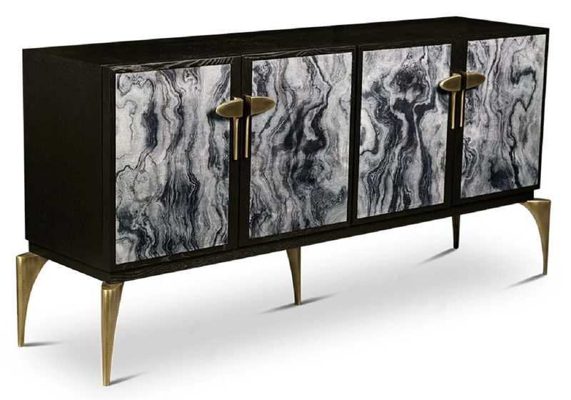 Casa Padrino Designer Sideboard Schwarz / Grau / Messing 192 x 46 x H. 90 cm - Massivholz Schrank mit 4 Türen - Wohnzimmer Möbel - Hotel Möbel - Luxus Kollektion