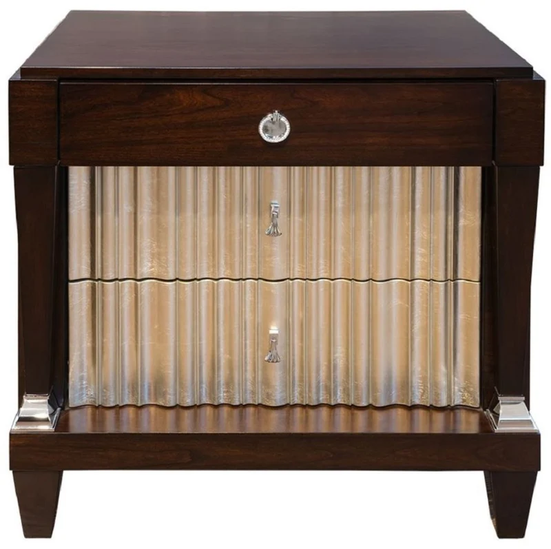 Casa Padrino Luxus Neoklassisches Schlafzimmer Set Hellbeige / Dunkelbraun / Silber - 1 Doppelbett mit Kopfteil & 2 Nachtkommoden - Neoklassische Schlafzimmer Möbel
