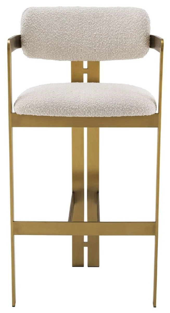 Casa Padrino Luxus Barstuhl Creme / Messing 53 x 44,5 x H. 107 cm - Gepolsterter Edelstahl Barhocker - Luxus Barmöbel
