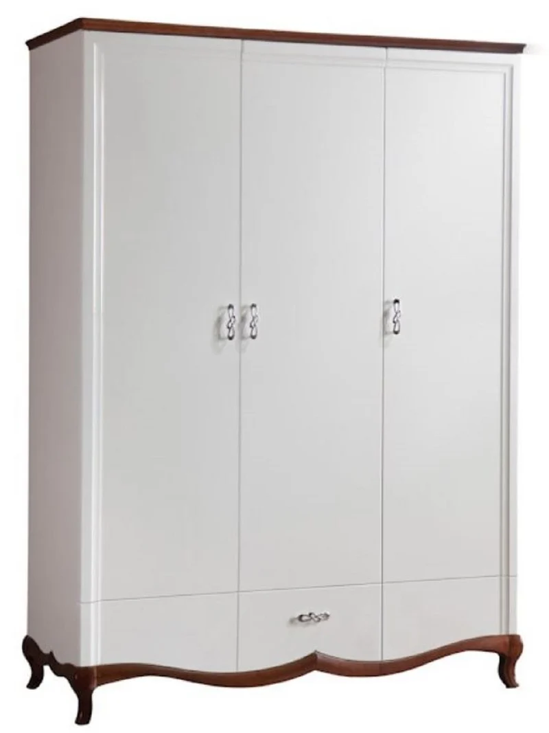 Casa Padrino Luxus Jugendstil Schlafzimmerschrank Hochglanz Weiß / Braun 164,2 x 62,5 x H. 209,5 cm - Massivholz Kleiderschrank mit 3 Türen und Schublade - Schlafzimmer Möbel