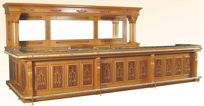 Casa Padrino Luxus Massivholz Bar mit Marmorplatte und Doppelwaschbecken Hellbraun / Braun / Grün 515,6 x H. 223,5 cm - Bar Möbel im Retro Stil